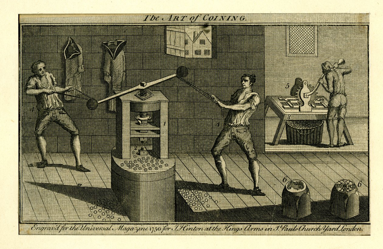 A Screw Press in Operation at the Royal Mint in the Tower, from the Universal Magazine by English School