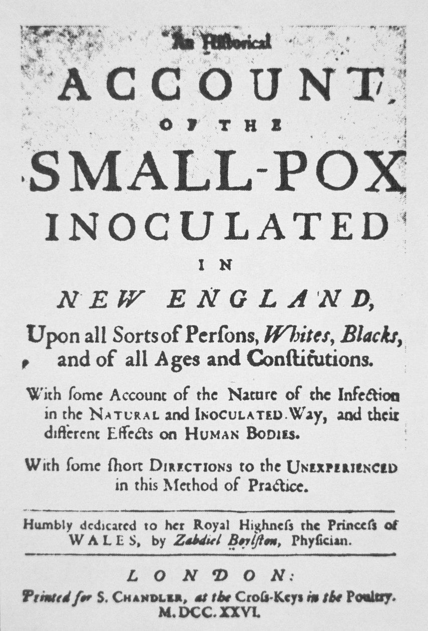 Account of the Small Pox inoculated in New England, pamphlet published in London by English School