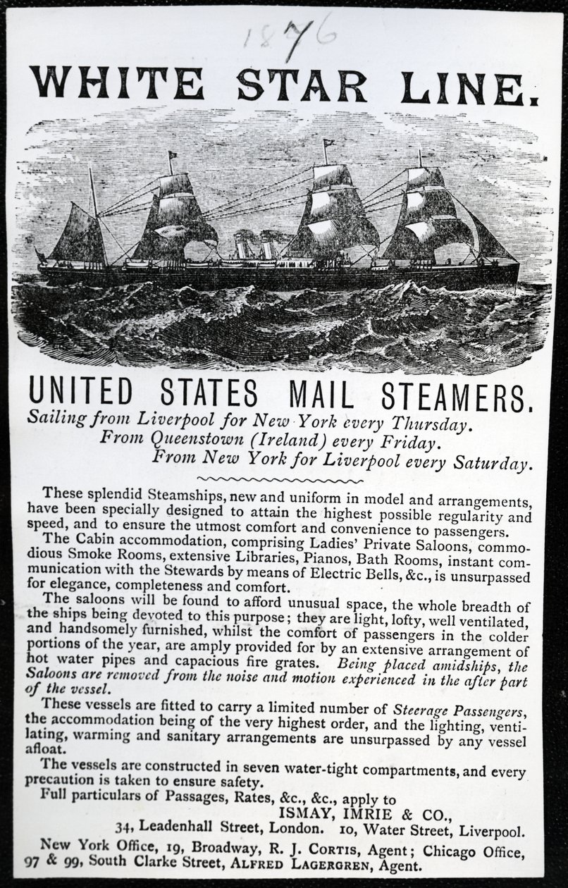 Advertisment for the White Star Line, 1876 by English School