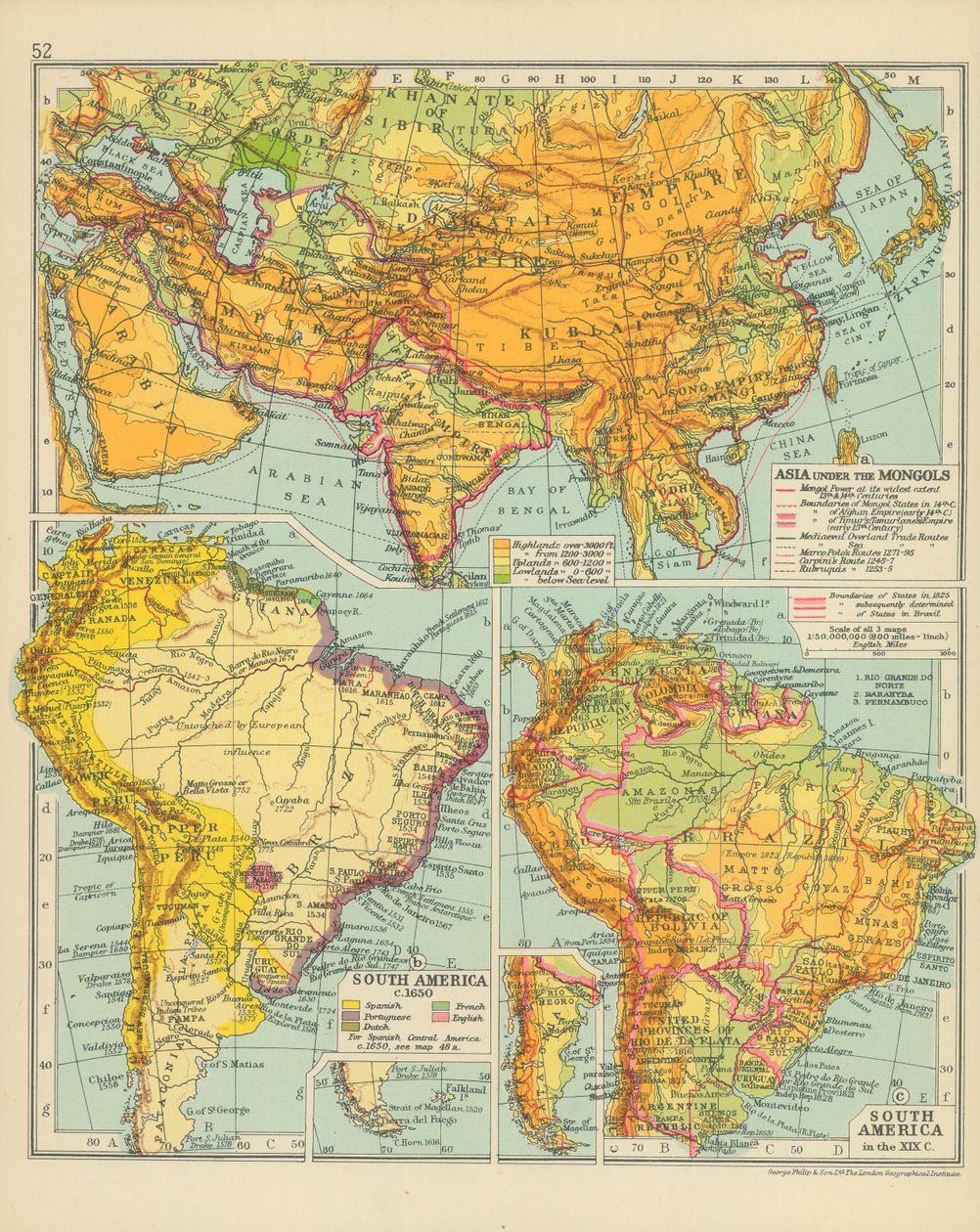 Asia under the Mongols. South America c 1650. South America in the XIX C by English School