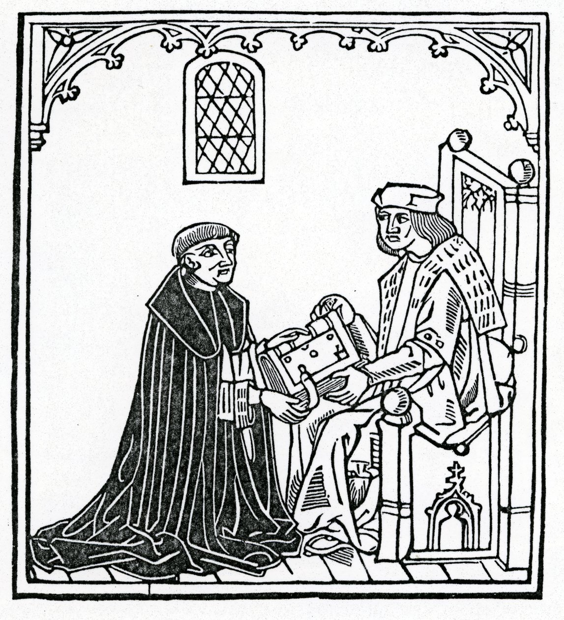Alexander Barclay presenting his book to his patron Thomas Cornish, frontispiece to the English translation of 