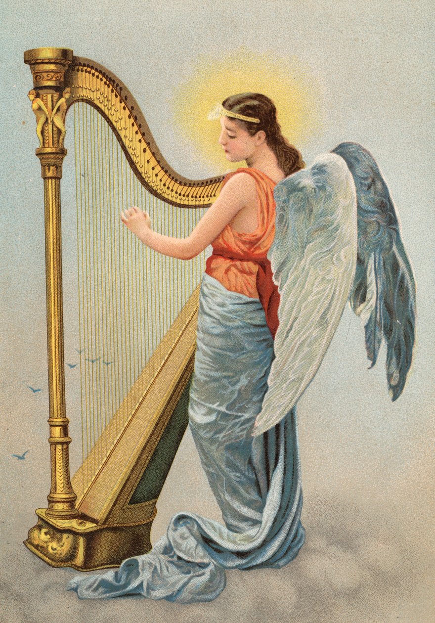 Allegorical picture of Music, with an angel playing the harp by English School