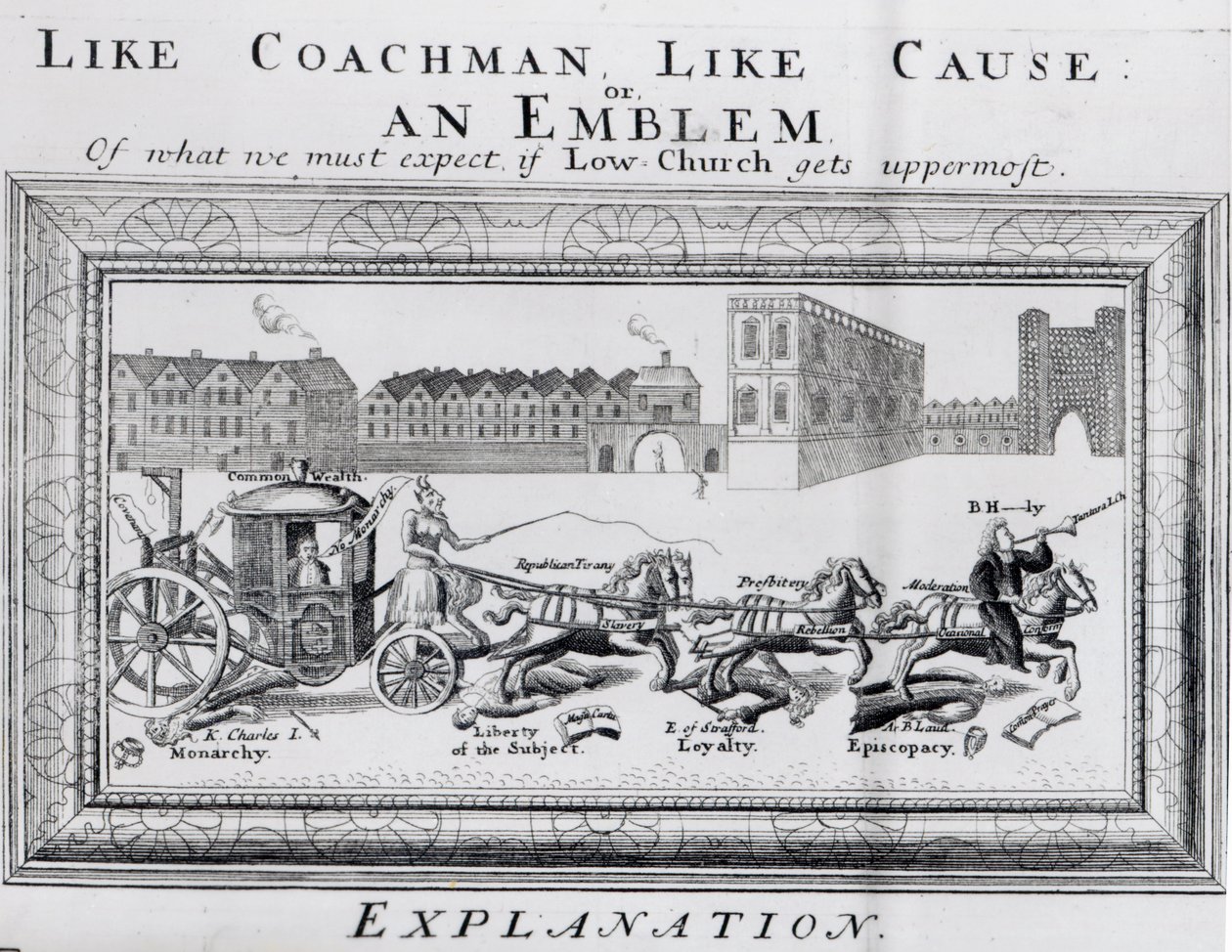 Allegory of the Dangers of Low Church Puritanism to the Monarchy, the Liberty of the Subject, Loyalty and Episcopacy by English School