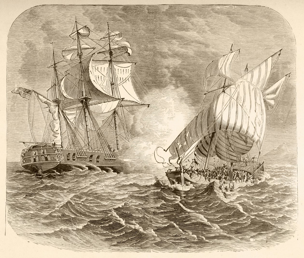 An American Navy ship captures an Algerian pirate ship off the Barbary Coast during the First Barbary War by English School