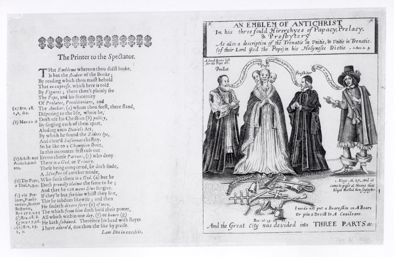 An Emblem of the Antichrist in his Threefold Hierarchies of Papacy, Prelacy, and Presbytery by English School