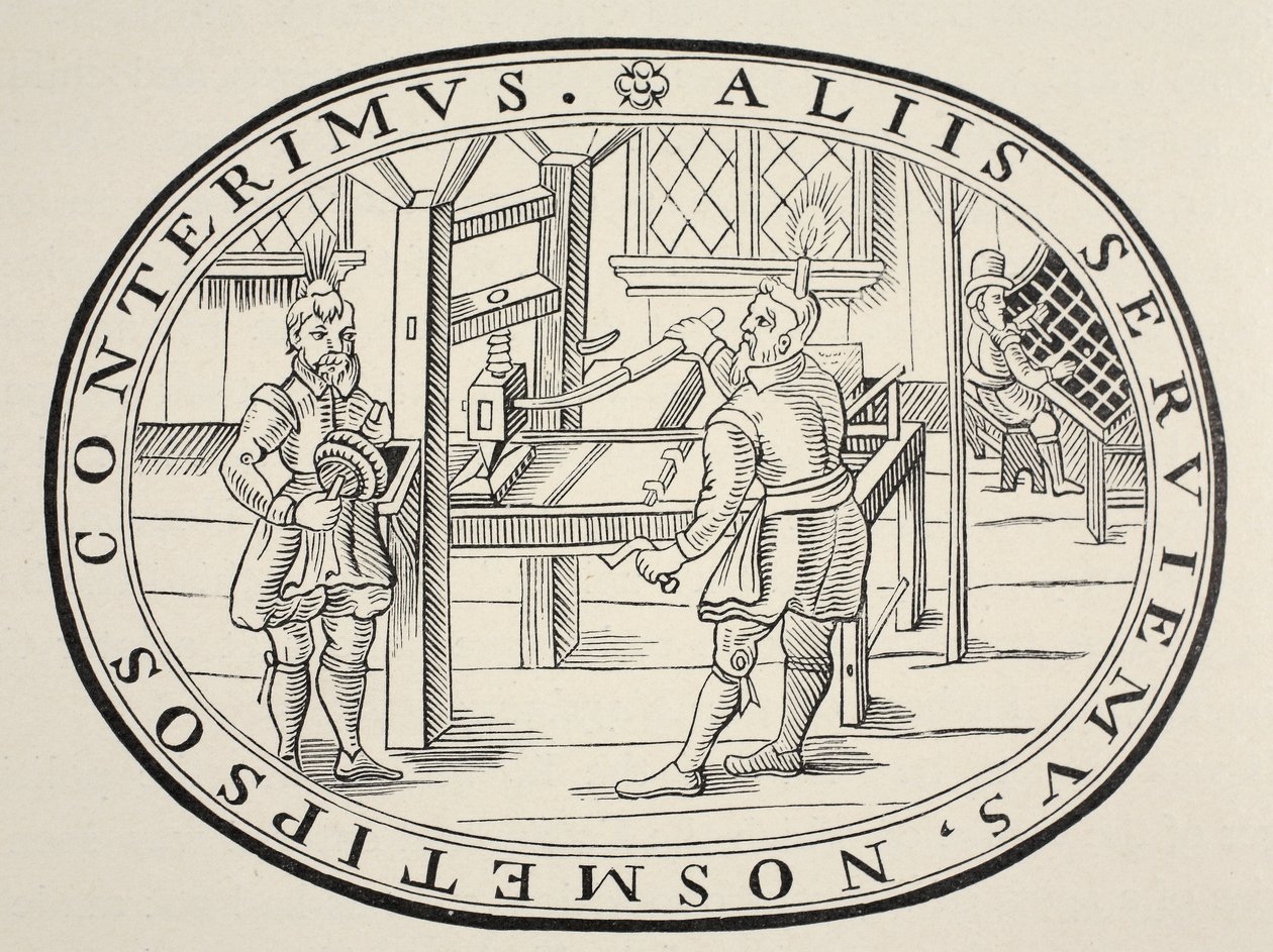 An English Printing Office, 1619 by English School