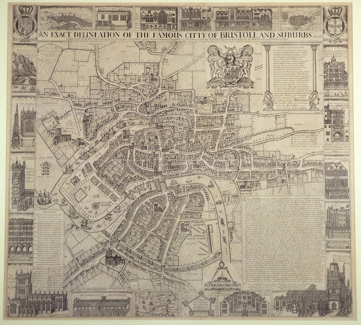 An Exact Delineation of the Famous City of Bristol and Suburbs, by James Millerd, pub.1673 by English School