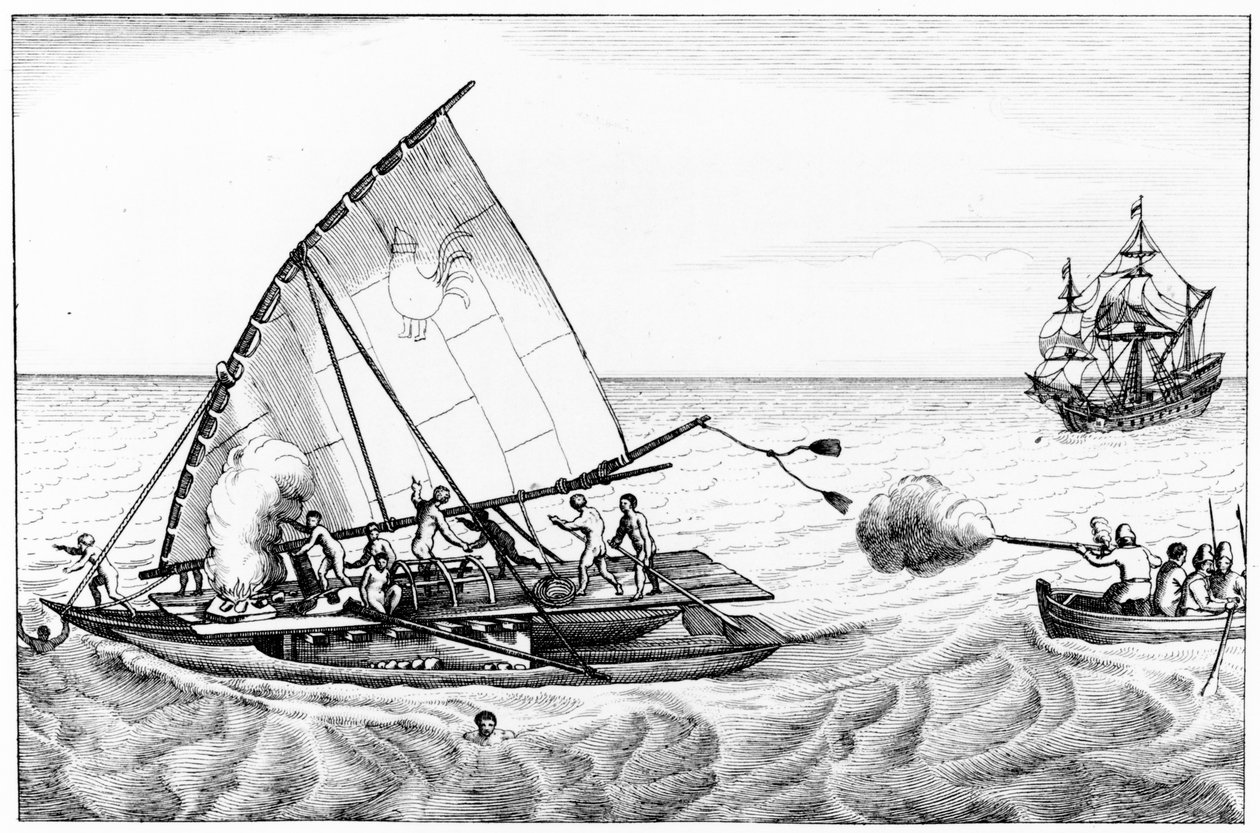 An incident during Le Maires and Schoutens circumnavigation of the world in 1615-16, from Volume II of Chronological History of the Voyages and Discoveries in the South Sea by English School