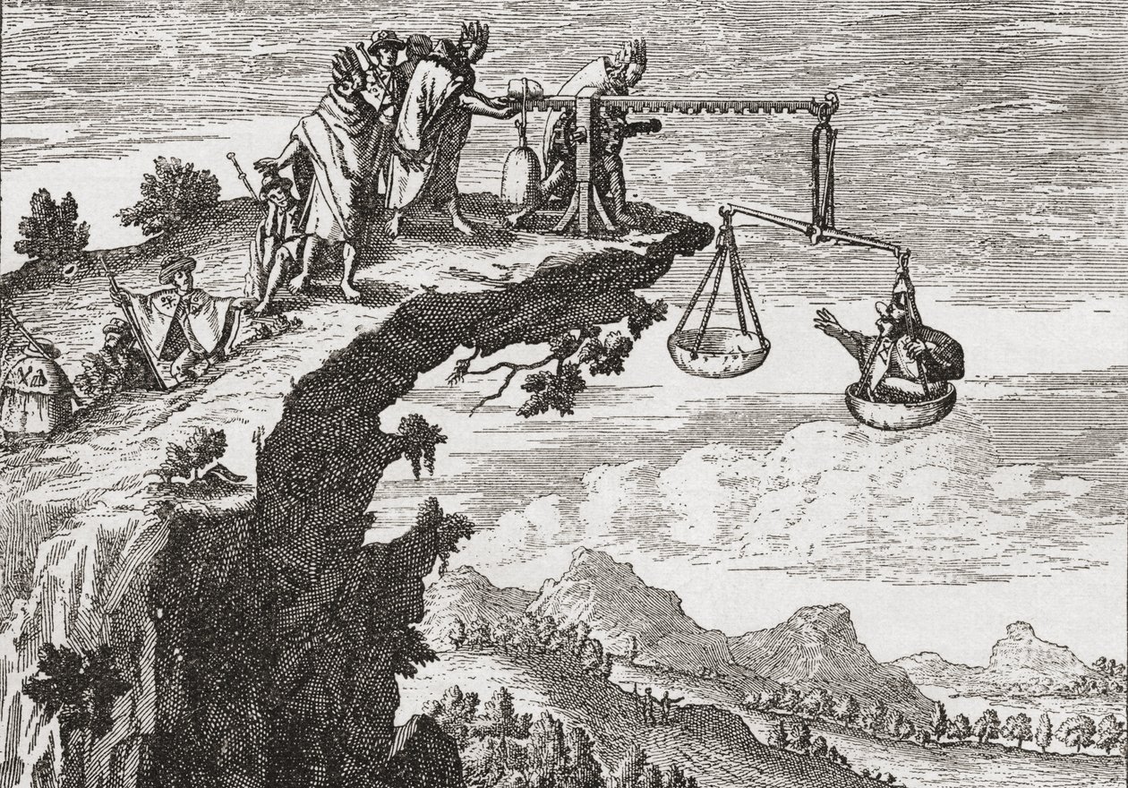 An unusual method of extorting confessions from criminals, after a 16th century drawing by Theodorus de Bry. The scene shows the criminal sitting in the scales of injustice whilst a priest leans over the precipice ready to receive his confession by English School