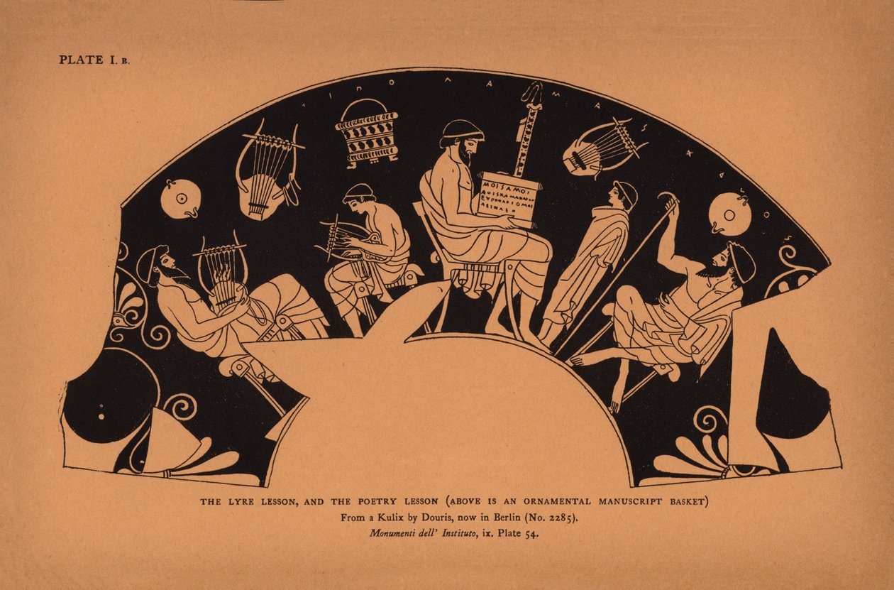 Ancient Greek Education: The Lyre Lesson, and the Poetry Lesson, Above is an Ornamental Manuscript Basket by English School