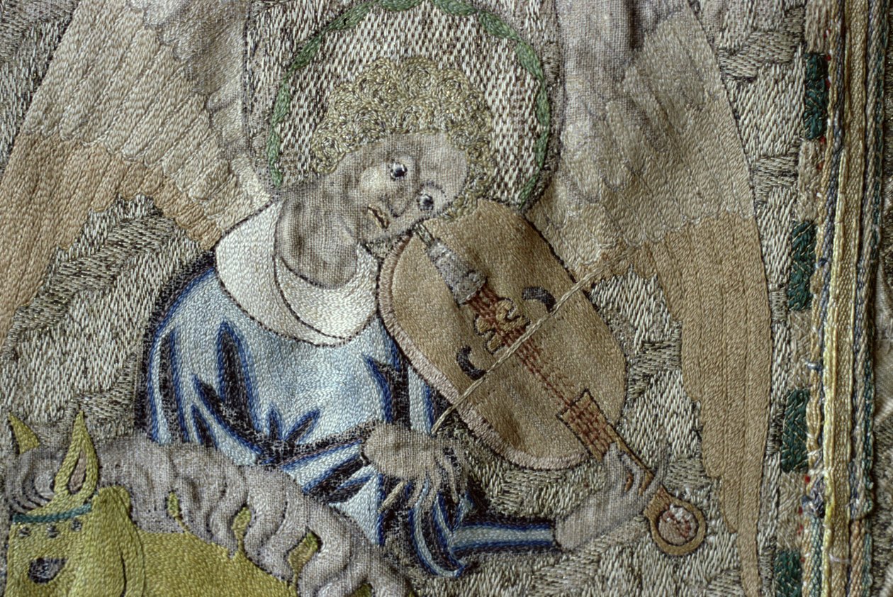 Angel playing the viola (detail) from the frontal of the Steeple Aston Cope, c.1340s by English School