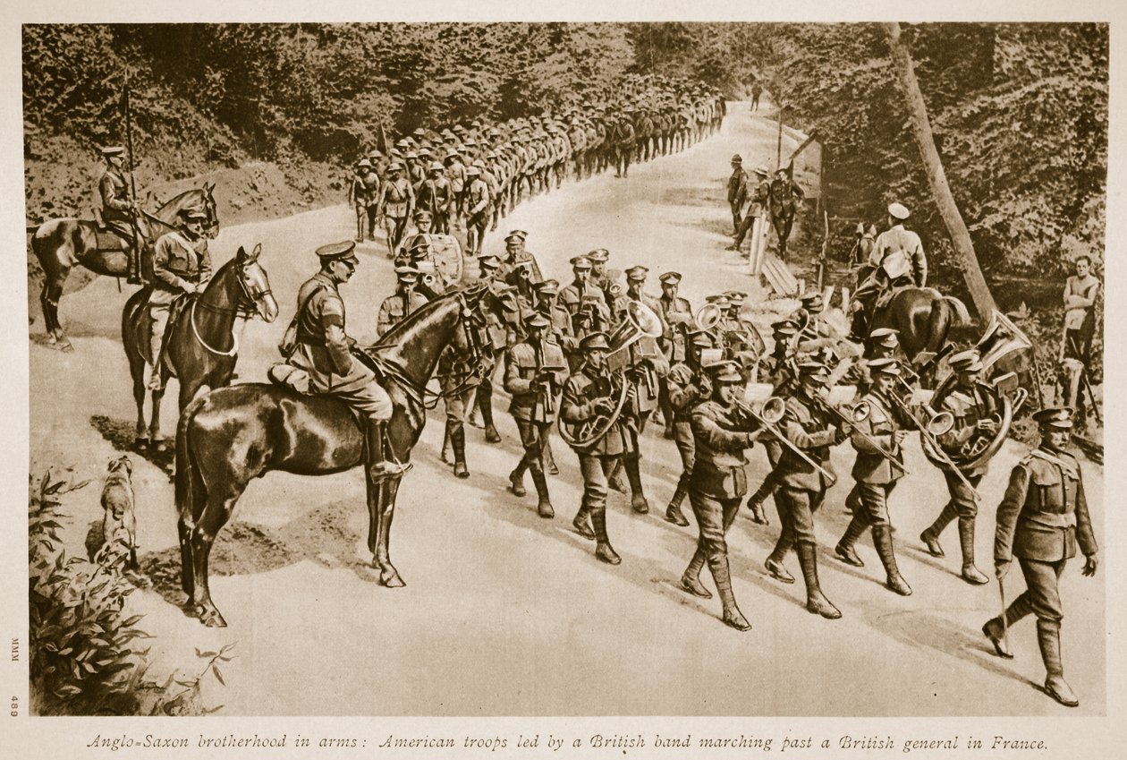 Anglo Saxon Brotherhood in Arms: American Troops Led by a British Band Marching Past a British General in France by English School