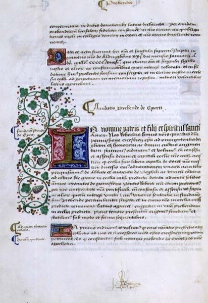 Page of Text with Illuminated Initial, from the Foundations Book of Robert Sherborne or Shirburn (c.1450-1536) Bishop of Chichester by English School
