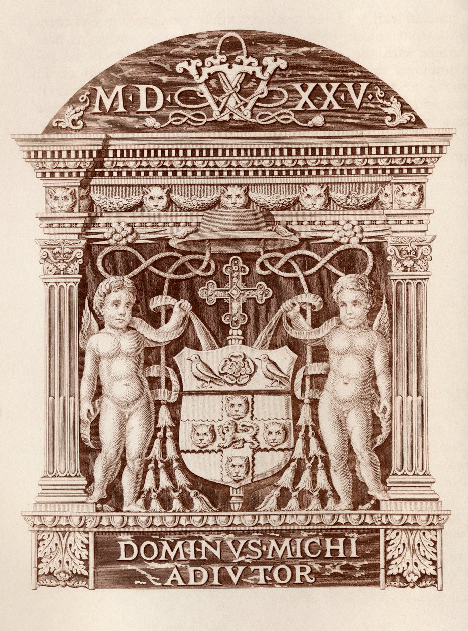 Arms of Cardinal Wolsey in terracotta at Hampton Court Palace, from History of Hampton Court Palace in Tudor Times by Ernest Law, published London 1885 by English School