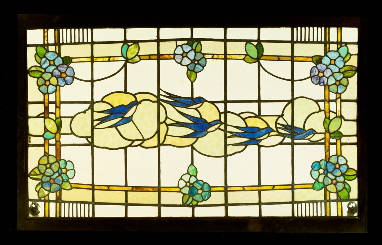 Arts and Crafts panel of a group of swallows before clouds in a border of stylised flowerheads by English School