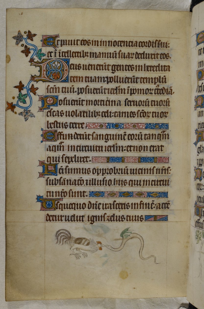 Bas-de-page scene of a Cock and a winged serpent fighting, with a decorated initial 