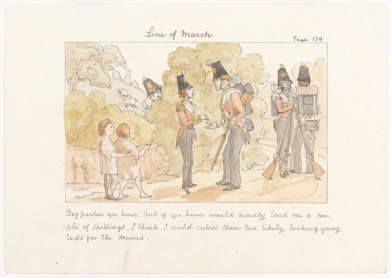 Beg Pardon Yer Honor, But If Yer Honor Would Kindly Lend Me a Couple of Shillings I Think I Could Enlist Those Two Likely Looking Young Lads for the Drums, c.1850 by English School