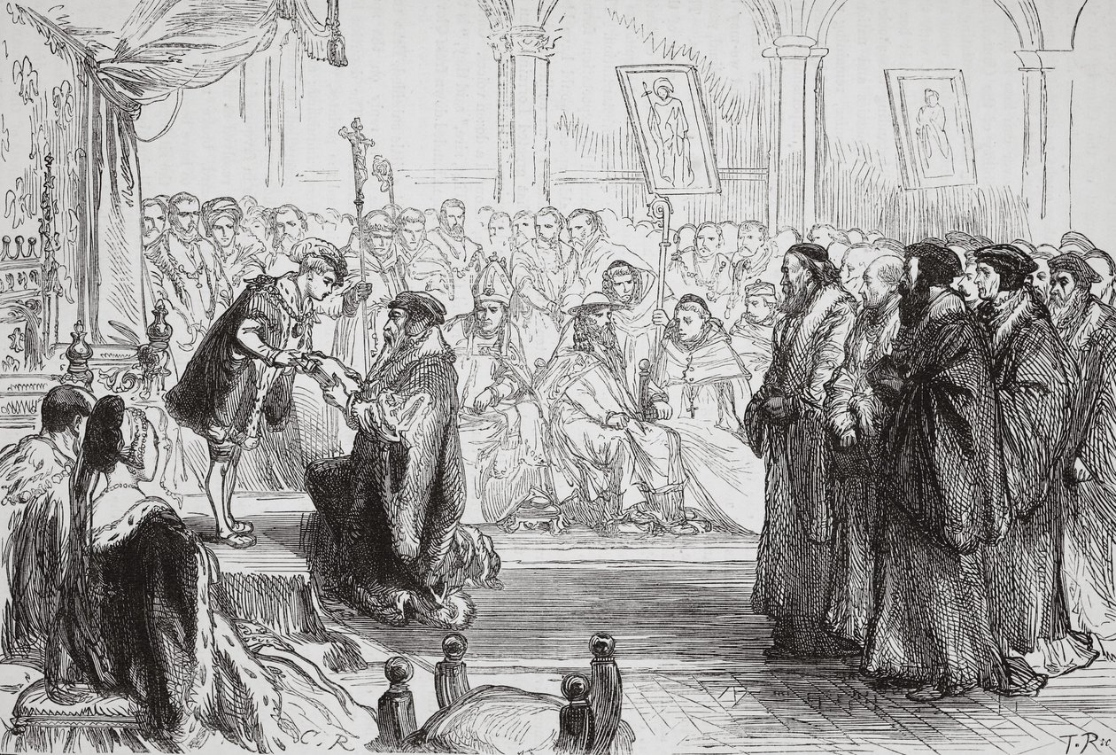 Beza presenting the Confession of the French Protestant Church to the King at the Colloquy of Poissy by English School