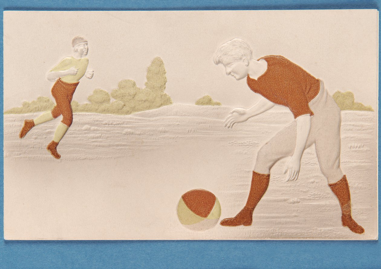 Blank card in relief depicting two footballers, c.1880s by English School