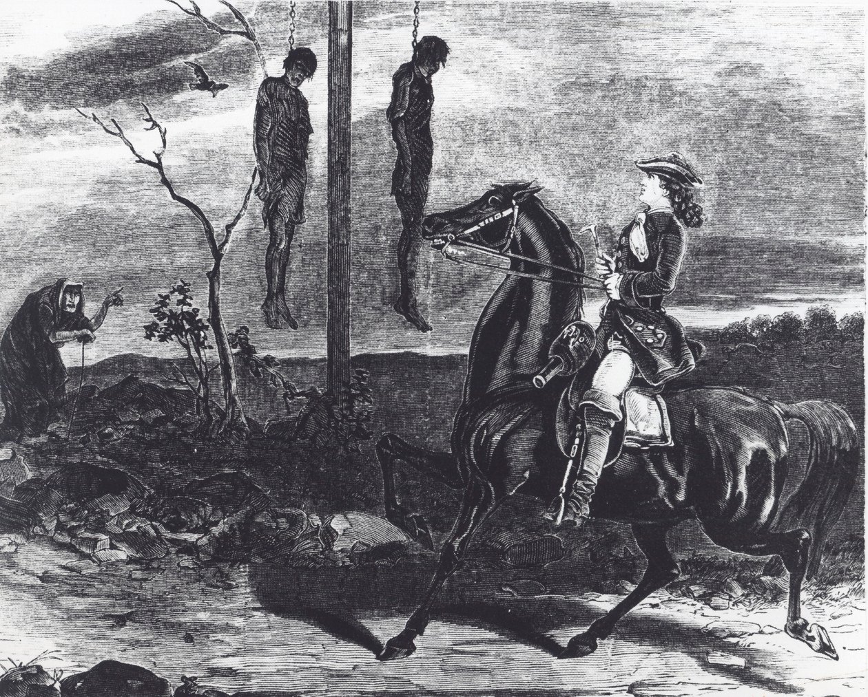 Bodies of Executed Highwaymen Hung in Gibbets at a Roadside as Warning to Other Criminals by English School