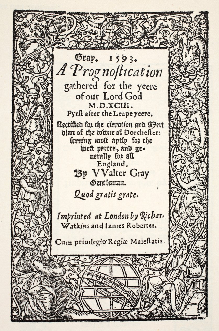 Border with the globe at the foot, a Prognostication by Walter Gray, 1593 by English School