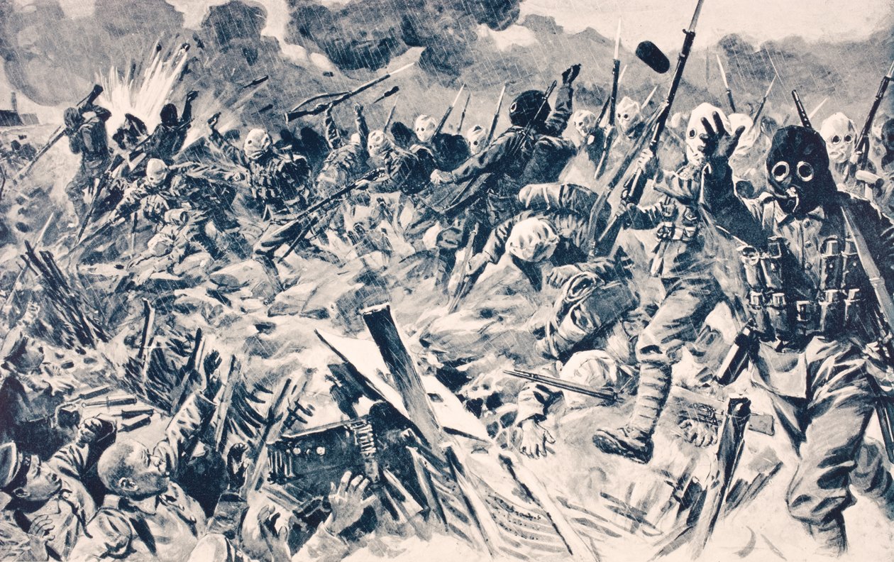 British troops in gas masks charge German trenches at Loos, France, September 25 1915, from 