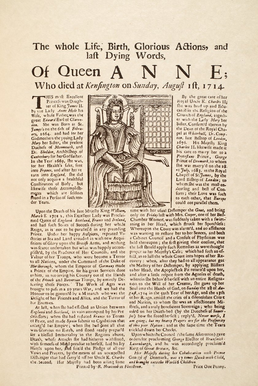 Broadside published on the death of Queen Anne, on Sunday 1st August 1714 by English School