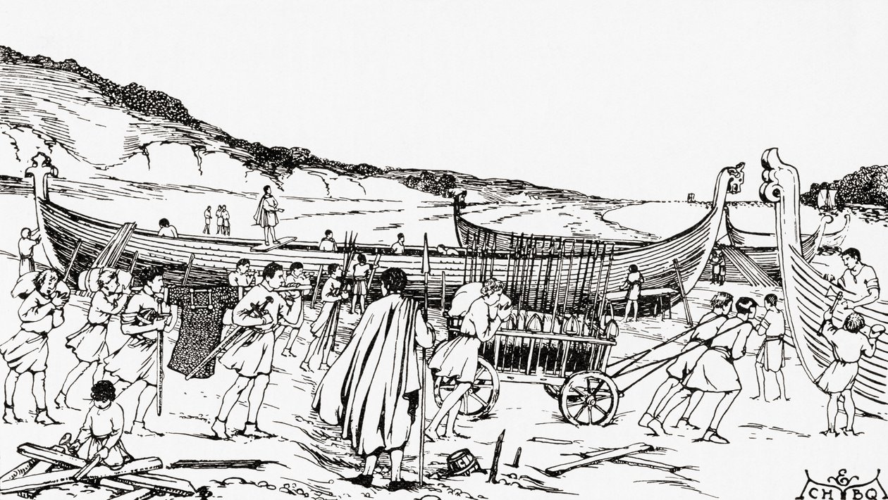 Building the ships for the Norman invasion of England by William the Conqueror by English School