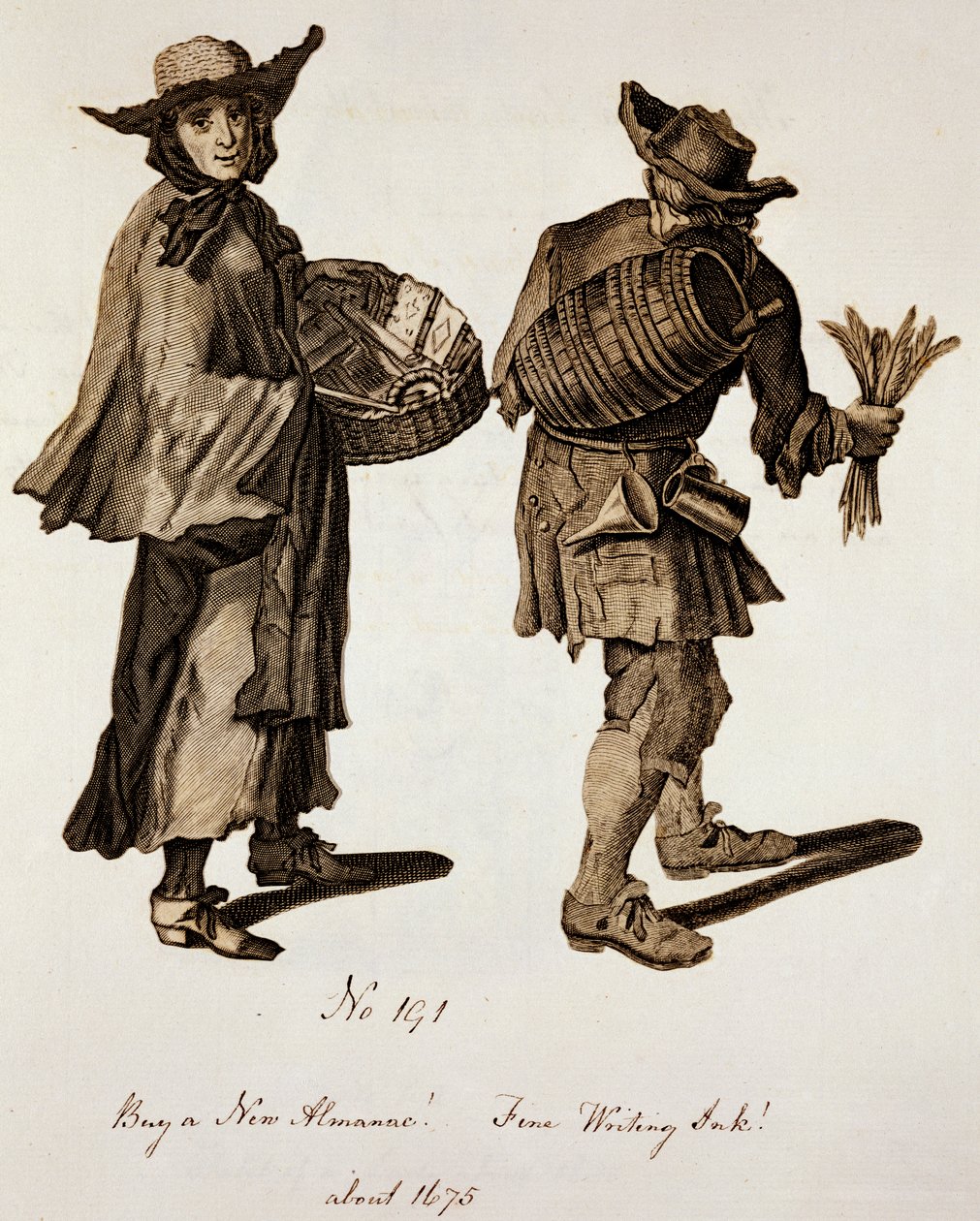 Buy a New Almanac! Fine Writing Ink!, Illustration of Street Sellers Around 1675 by English School