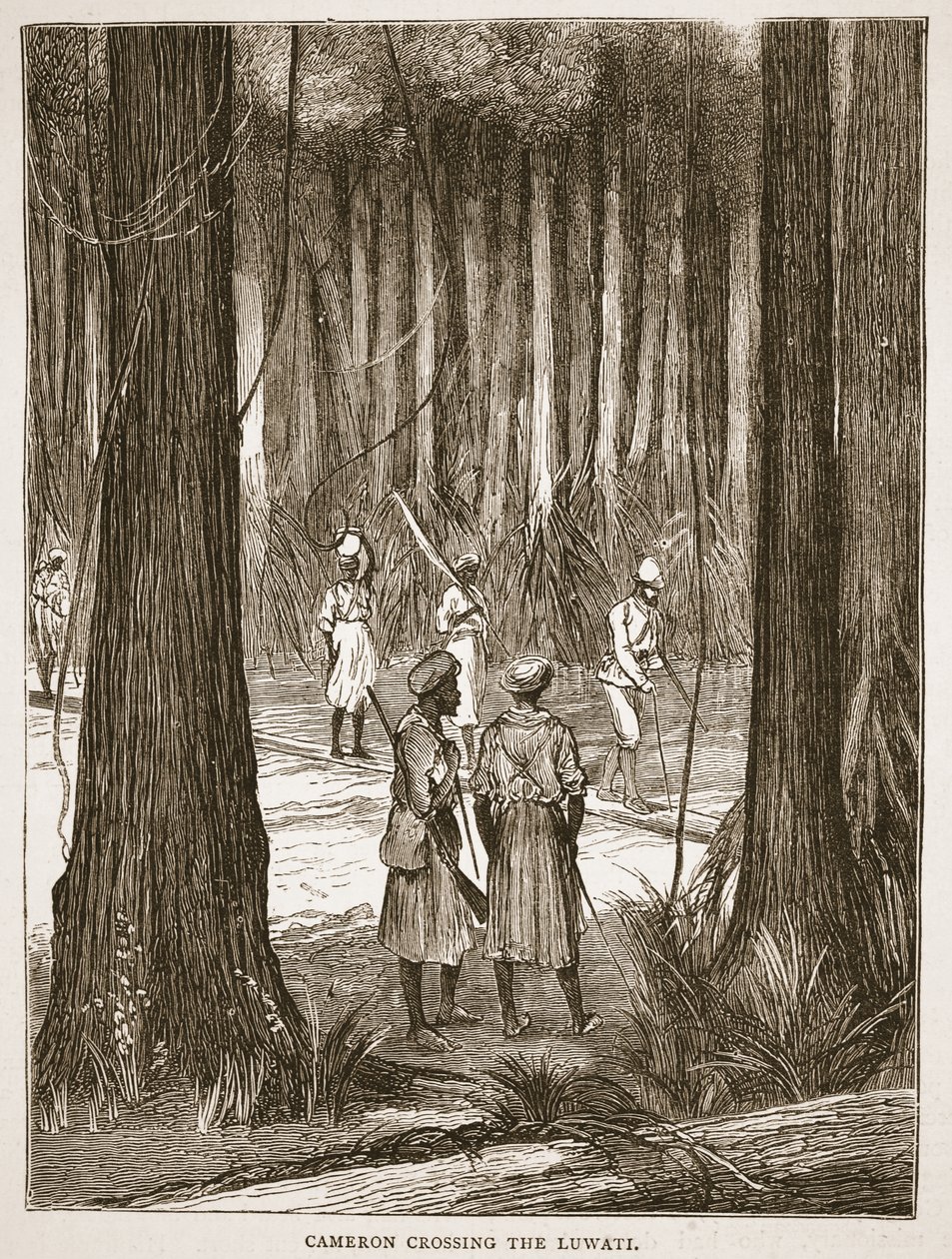 Cameron crossing the Luwati, illustration from The Pictorial Edition of the Life and Discoveries of David Livingstone by J. Ewing Richie by English School