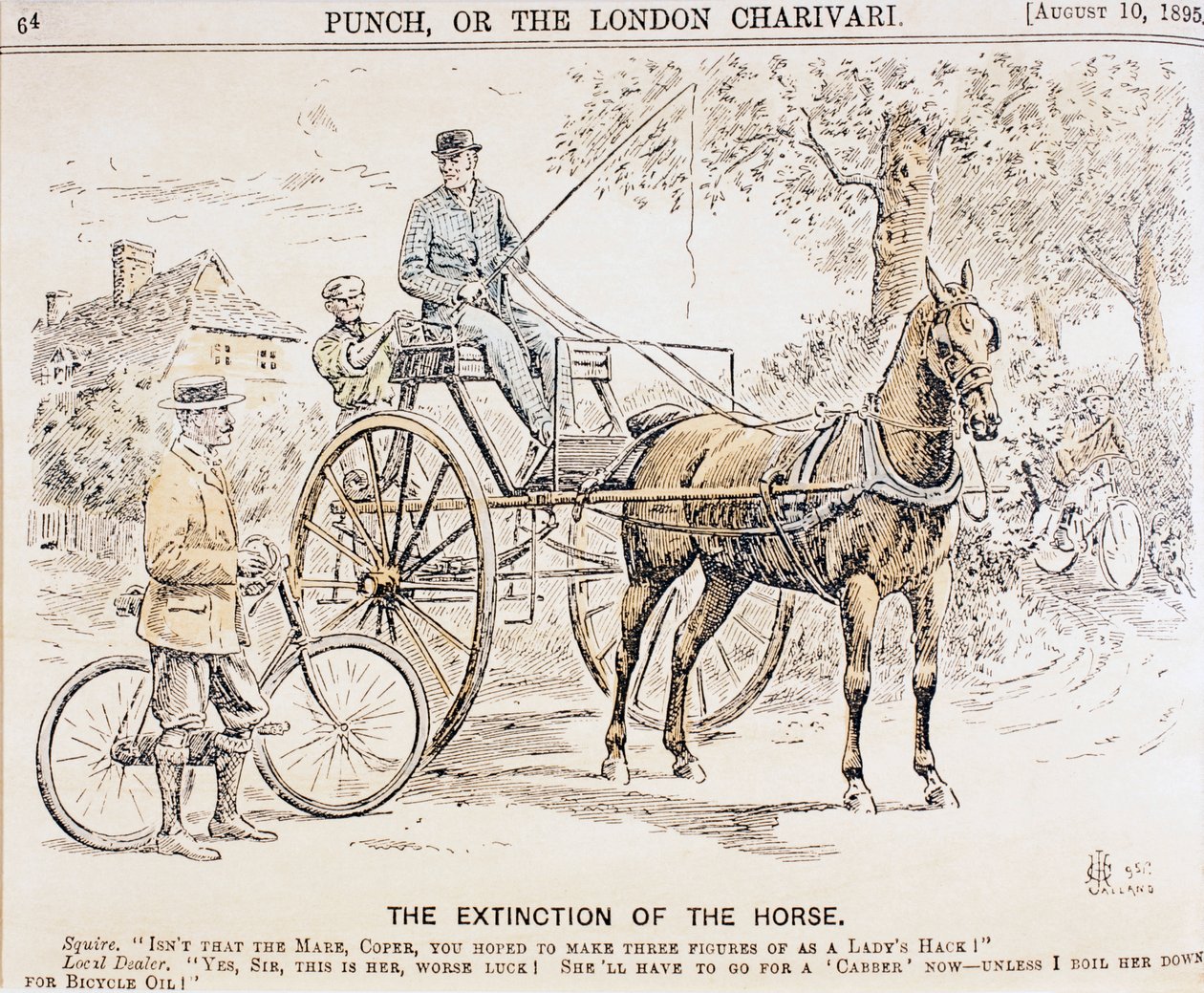 Cartoon About the Coming of Bicycles and Motorised Transport and the Consequent End of Horse-Drawn Traffic, from Punch Magazine by English School