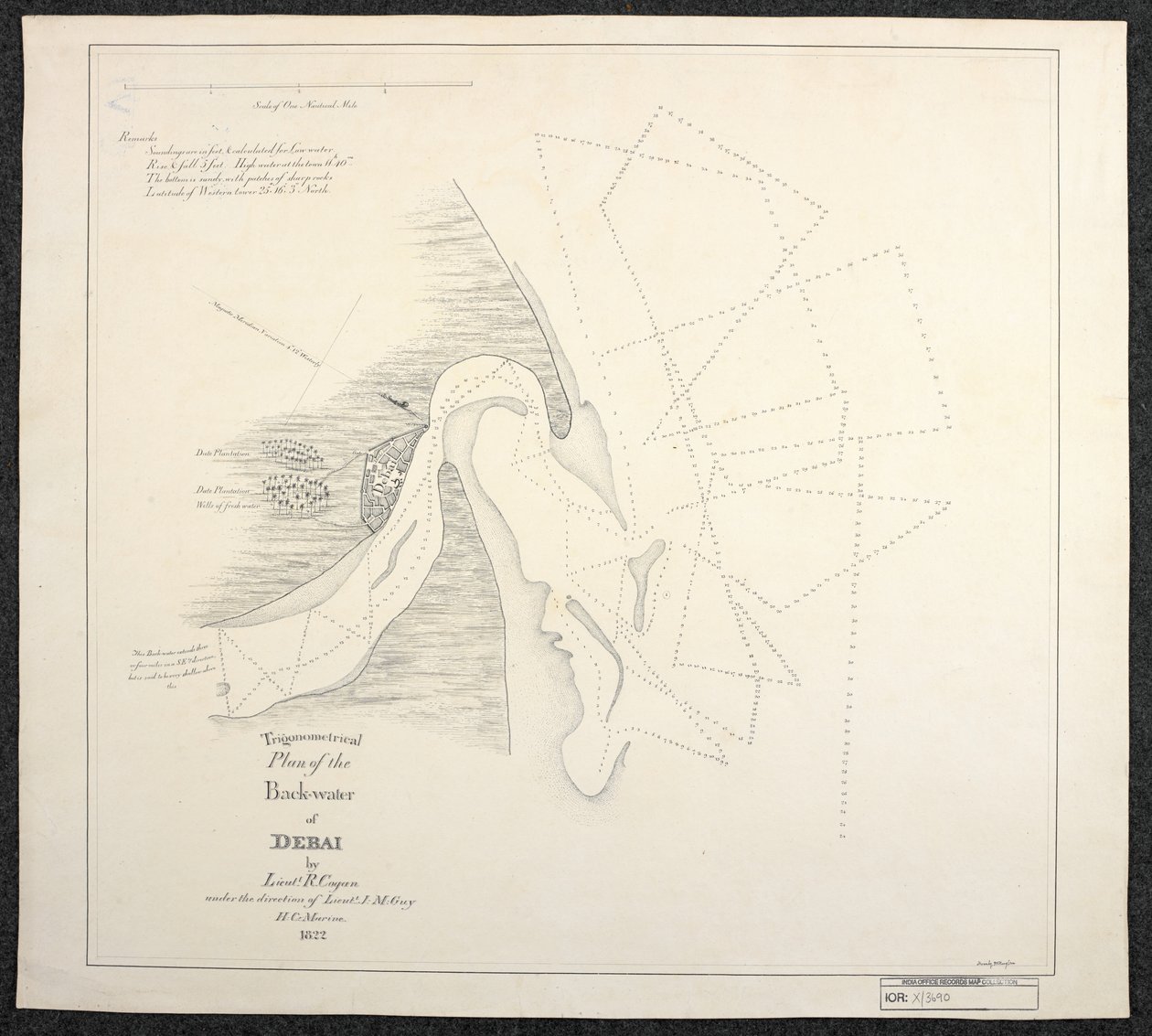 Chart of Dubai in 1822 by marine surveyors of the English East India Company, entitled Trigonometrical Plan of the Back-water of Debai by Lieut. R. Cogan under the direction of Lieut. J. M. Guy, H. C. Marine by English School