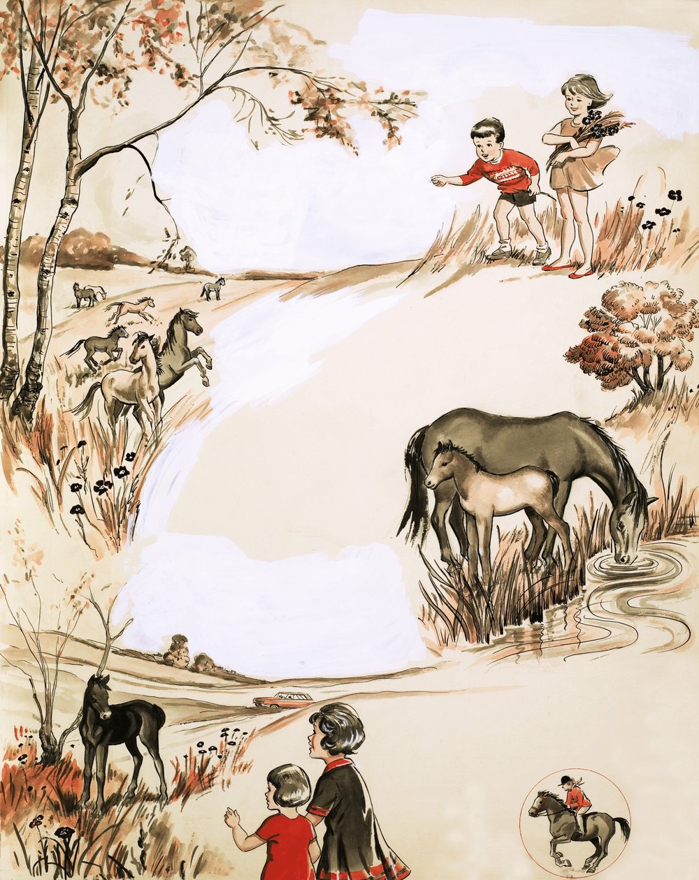 Children and ponies by English School