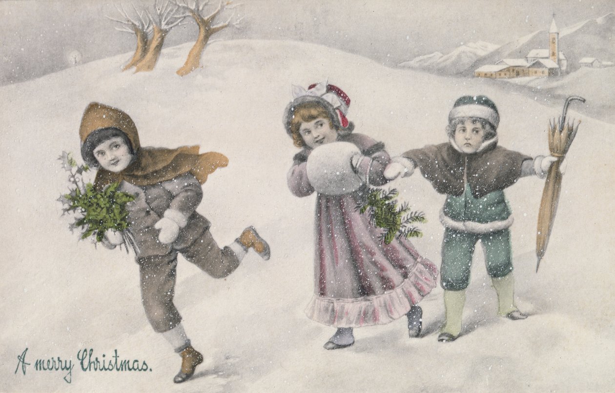 Children in the Snow, Victorian Postcard by English School