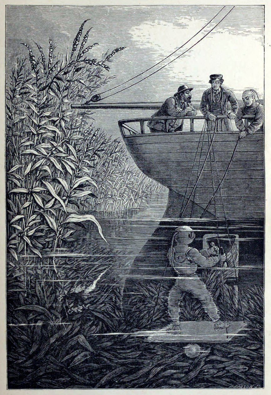 Clearing the Screw, from Under the Waves, or Diving in Deep Waters, pub. 1887 by English School
