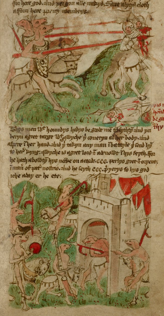 Coloured drawings depicting the dog-headed people (