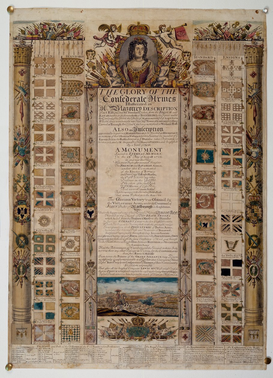 Commemorative chart showing standards captured from the French after the Battle of Blenheim, c.1704 by English School