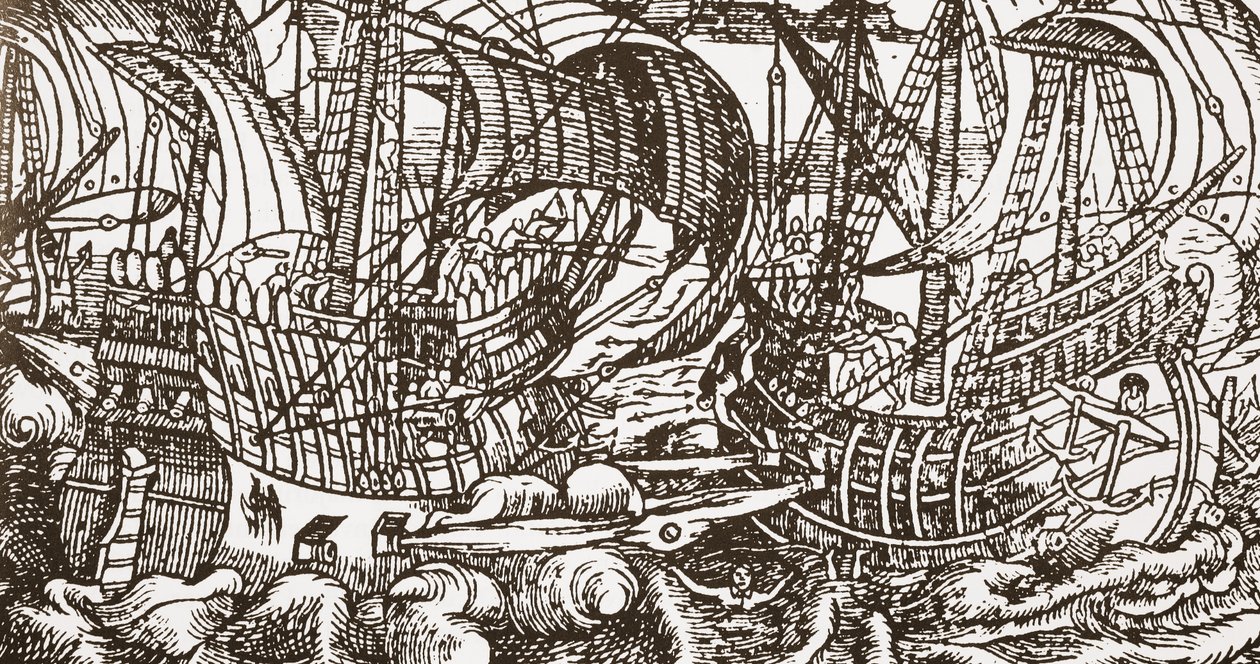 Contemporary woodcut of warship at sea by English School
