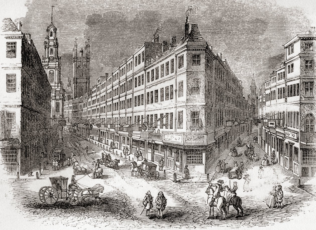 Cornhill, The Exchange and Lombard Street, London, England in the Mid 19th Century, from Old England: A Pictorial Museum, Published 1847 by English School