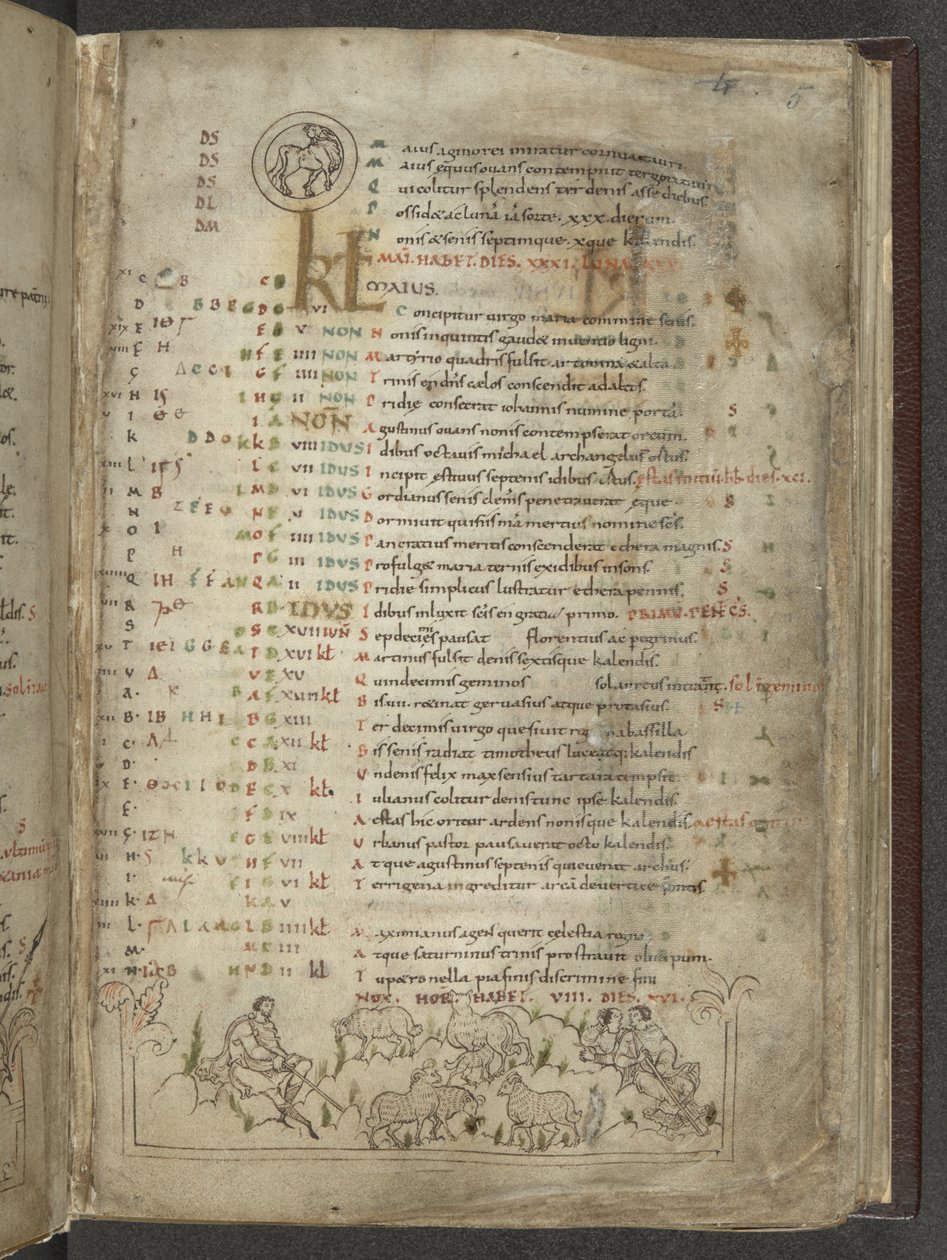 Calendar page for May: Shepherds and flock by English School