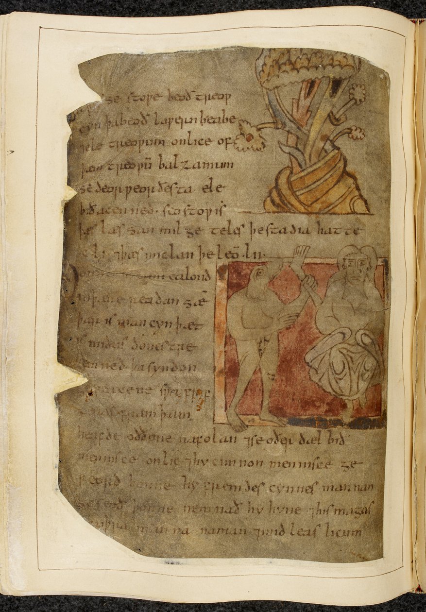 A tree from which balsam grows; a donestre, a beast-headed man, on the left holding a human leg and foot, and a person on the right, illustration from Beowulf, from the 
