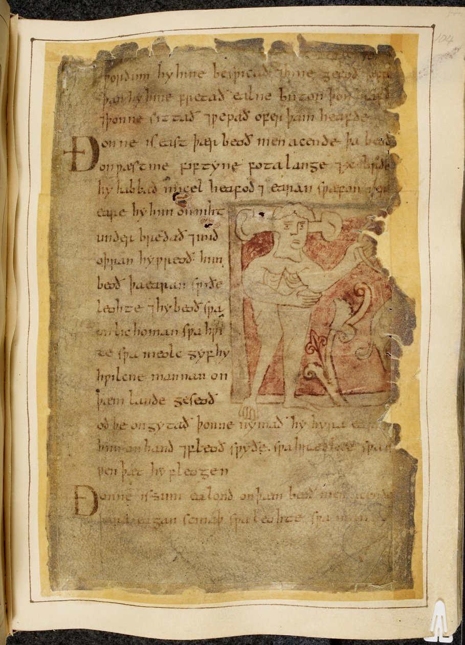 A panotii, i.e. a man with ears projecting on stems, holding an object that looks like a bow, illustration from Beowulf, from the 