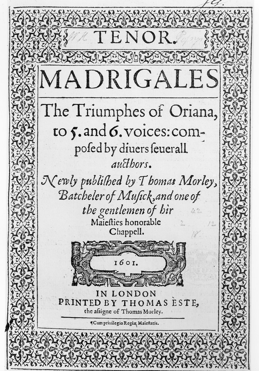 Cover to the Tenor part of The Triumphes of Oriana, published by Thomas Este, 1601 by English School