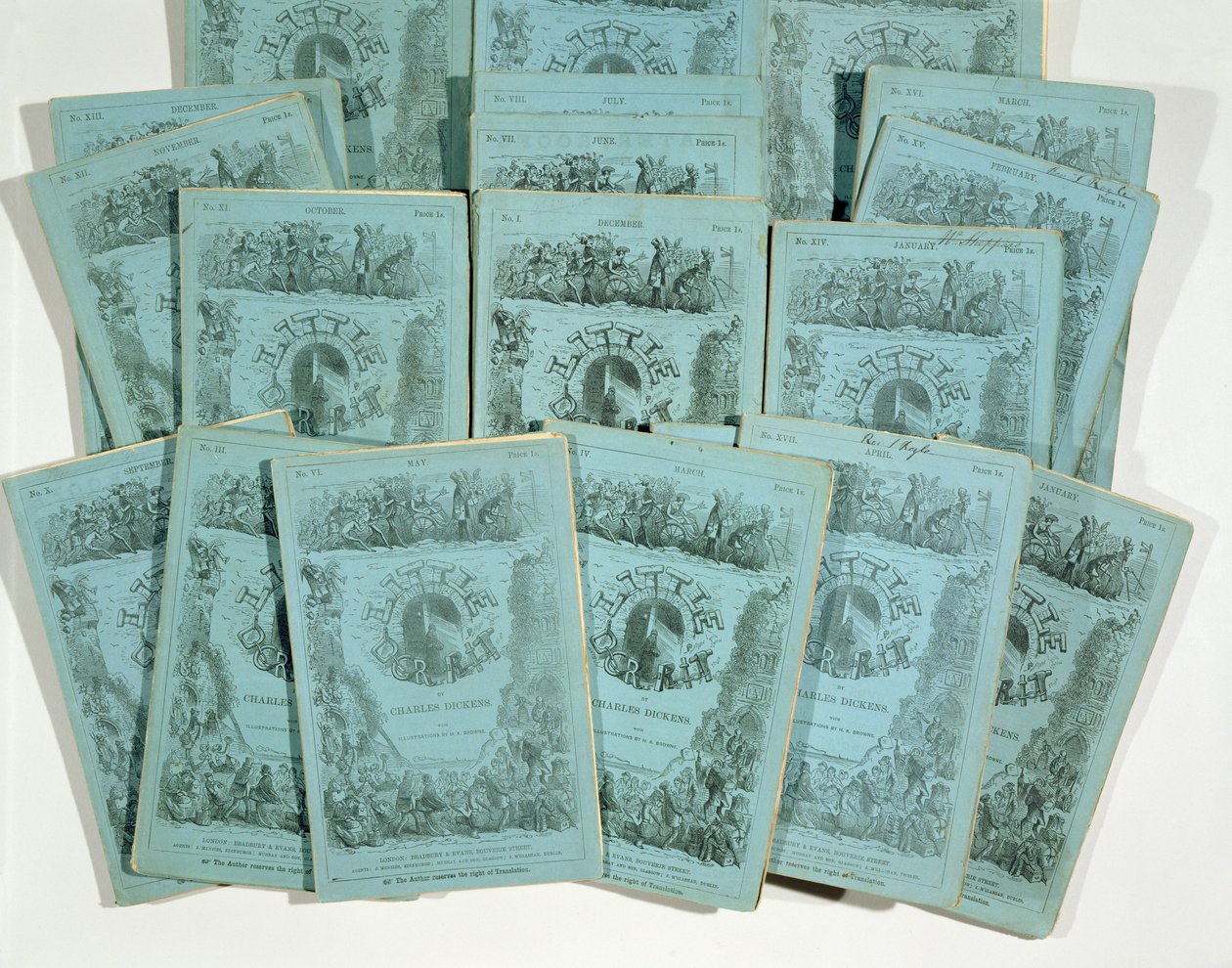Covers from the Monthly Issues of Little Dorrit by Charles Dickens, published c. 1856 by English School