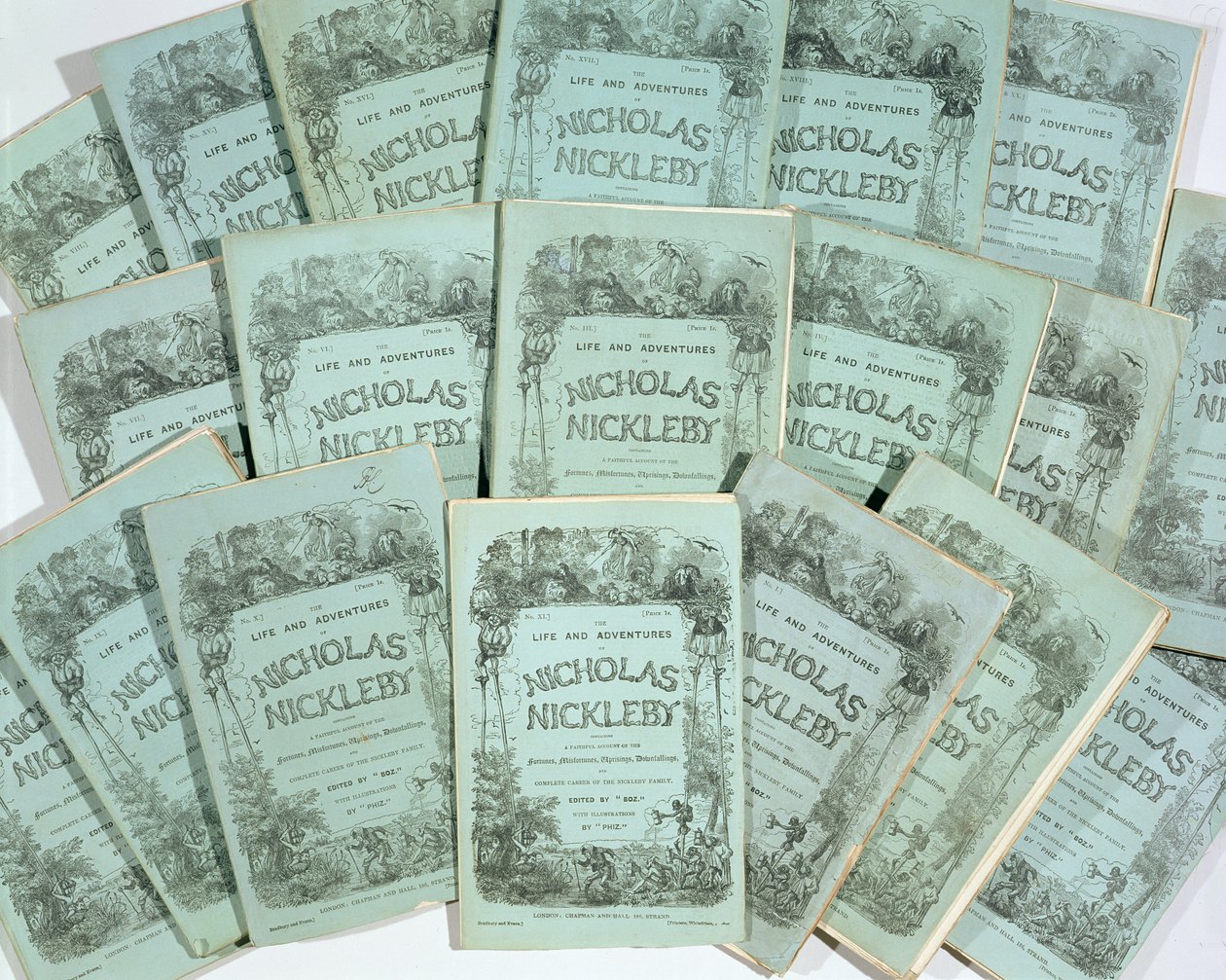 Covers from the Monthly Issues of The Life and Adventures of Nicholas Nickleby by Charles Dickens, published in 1839 by English School