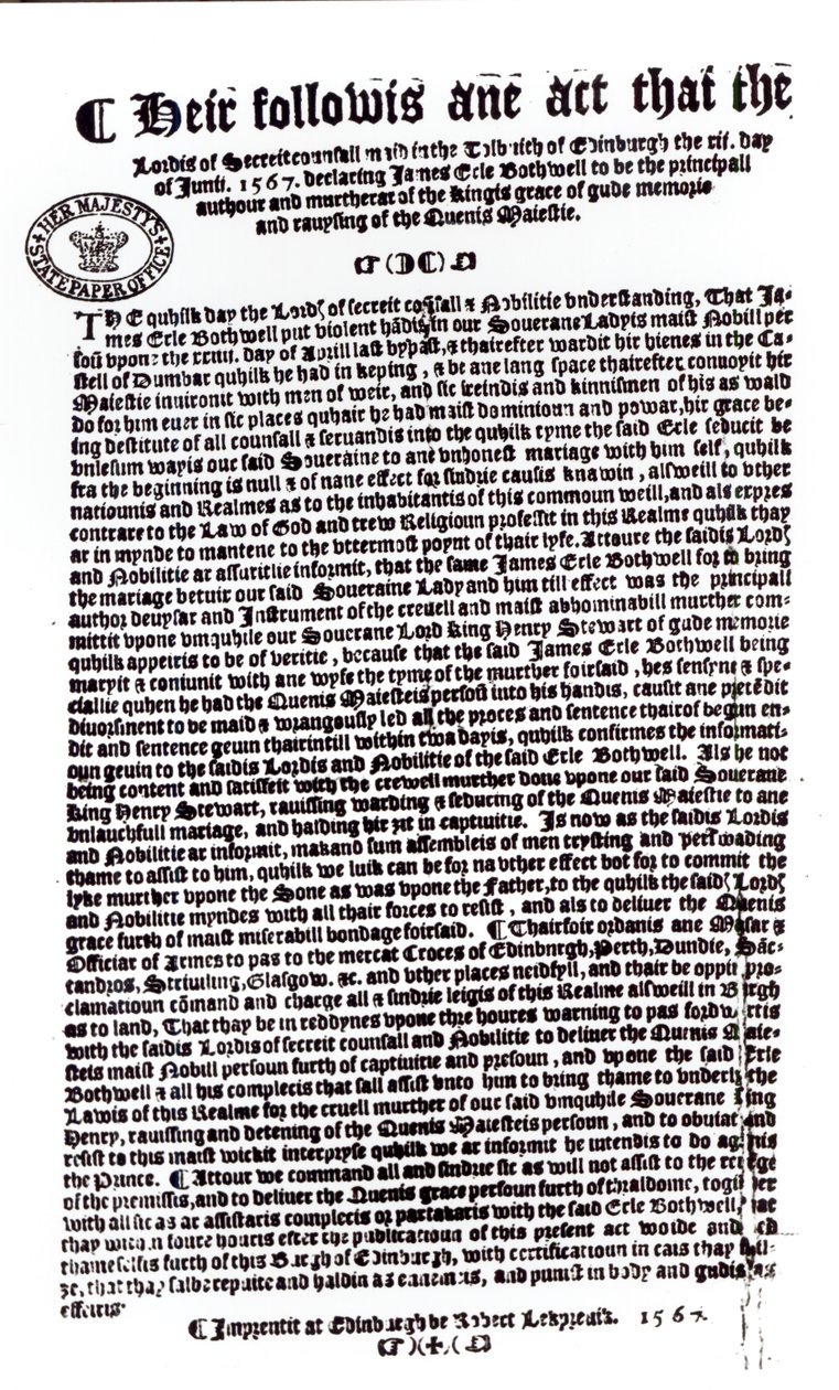 Declaration by Lords indicating the Earl of Bothwell as the murderer of Lord Darnley, 1567 by English School