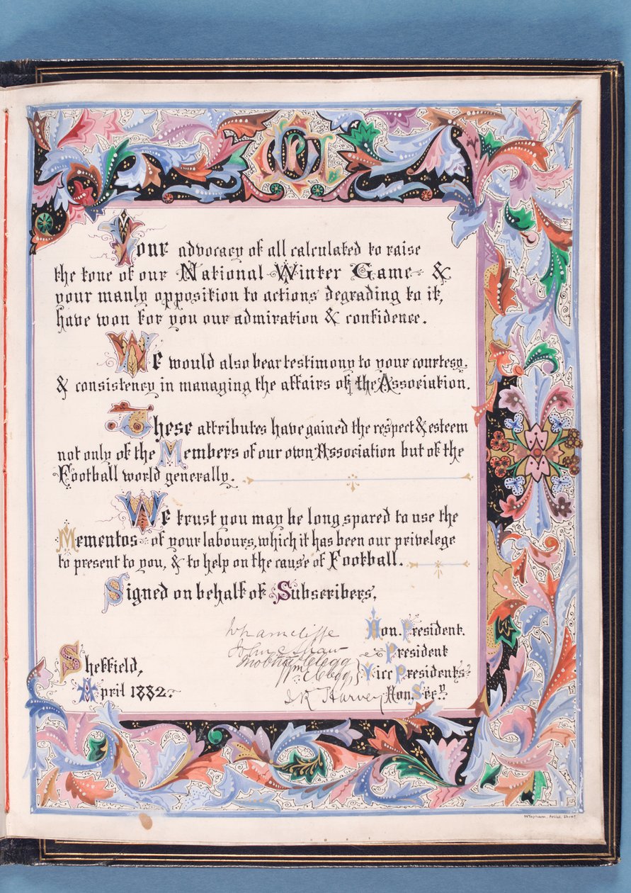 Dedication from an address presented by Sheffield Football Association to William Pierce-Dix on the occasion of his retirement as Secretary, 1882 by English School