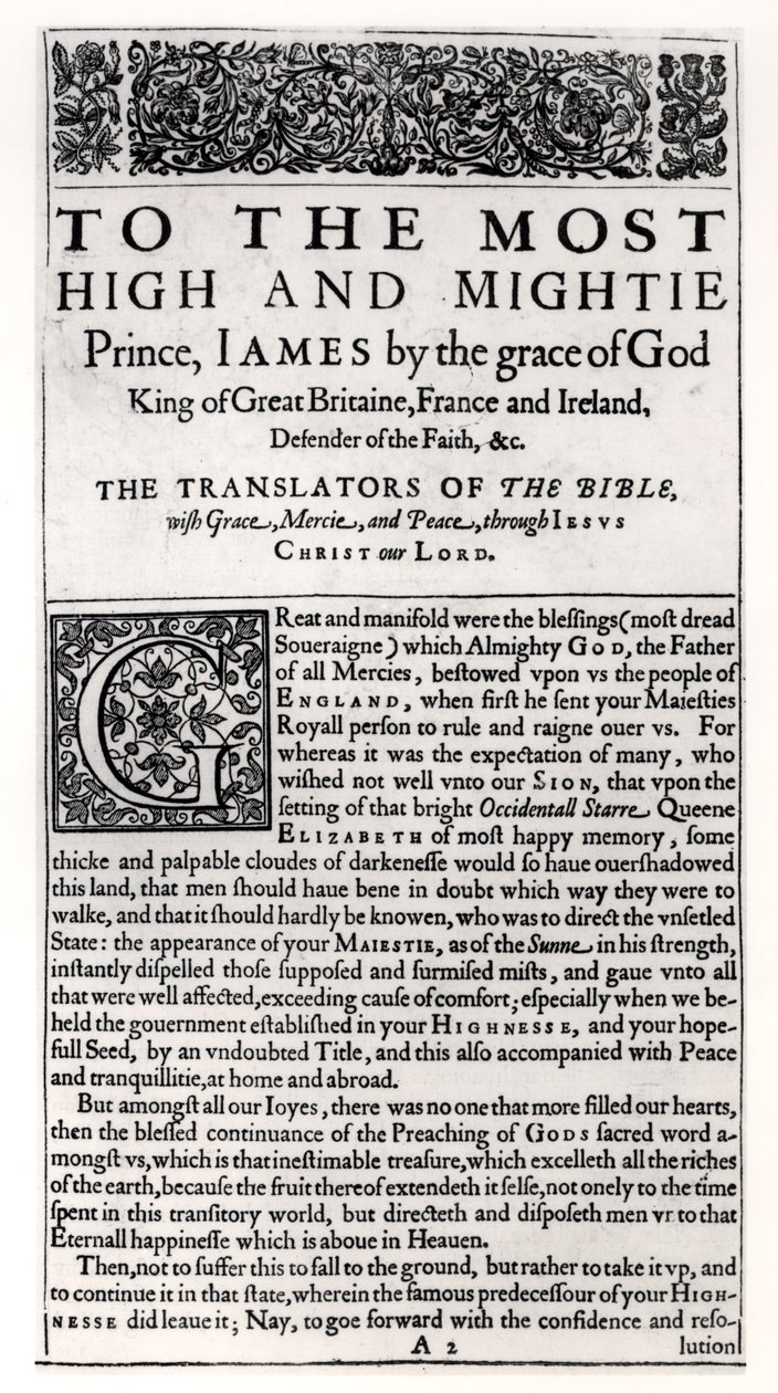 Dedication page in The Holy Bible, published by Robert Barker, 1611 by English School