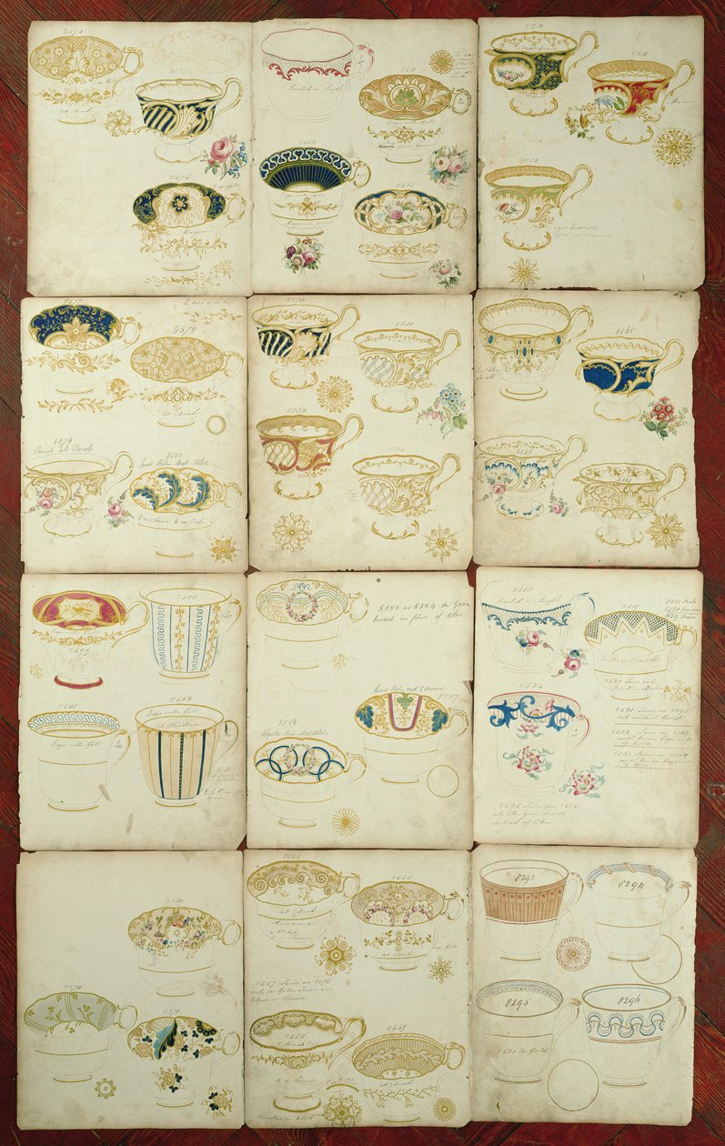 Designs for teacups produced at the Daniel Factory, Staffordshire, c.1845 by English School