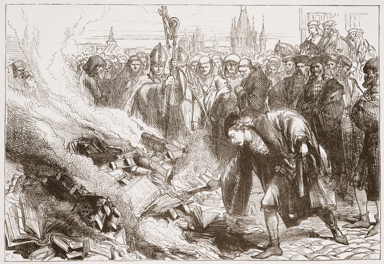 Destruction of the works of Wicliffe at Prague, illustration from The History of Protestantism by James Aitken Wylie, 1878 by English School